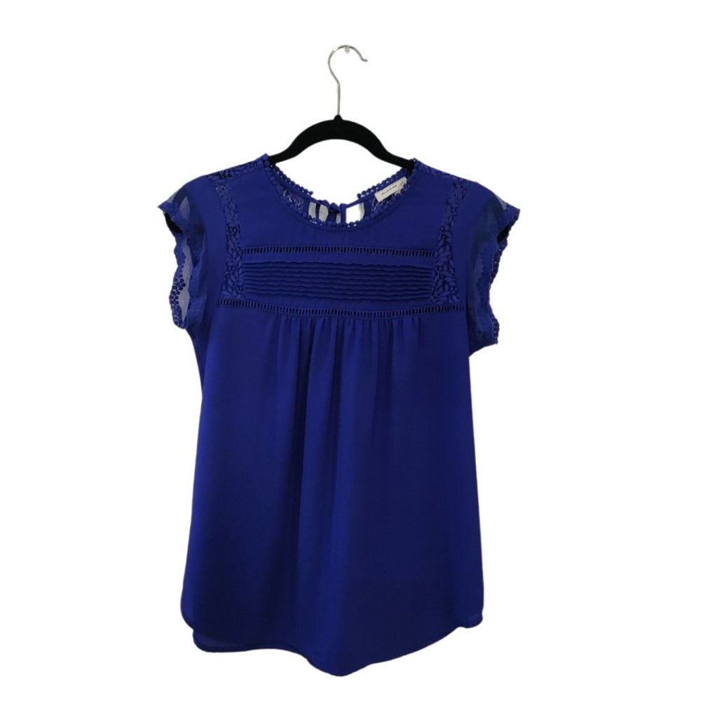 Meadow Rue Short Sleeve Blouse XS High Neck Cobalt Blue